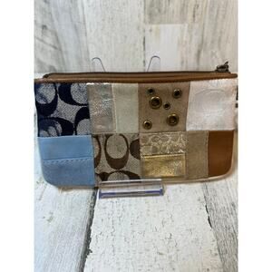 Coach Patchwork Signature Canvas Leather Wristlet Metallic Suede